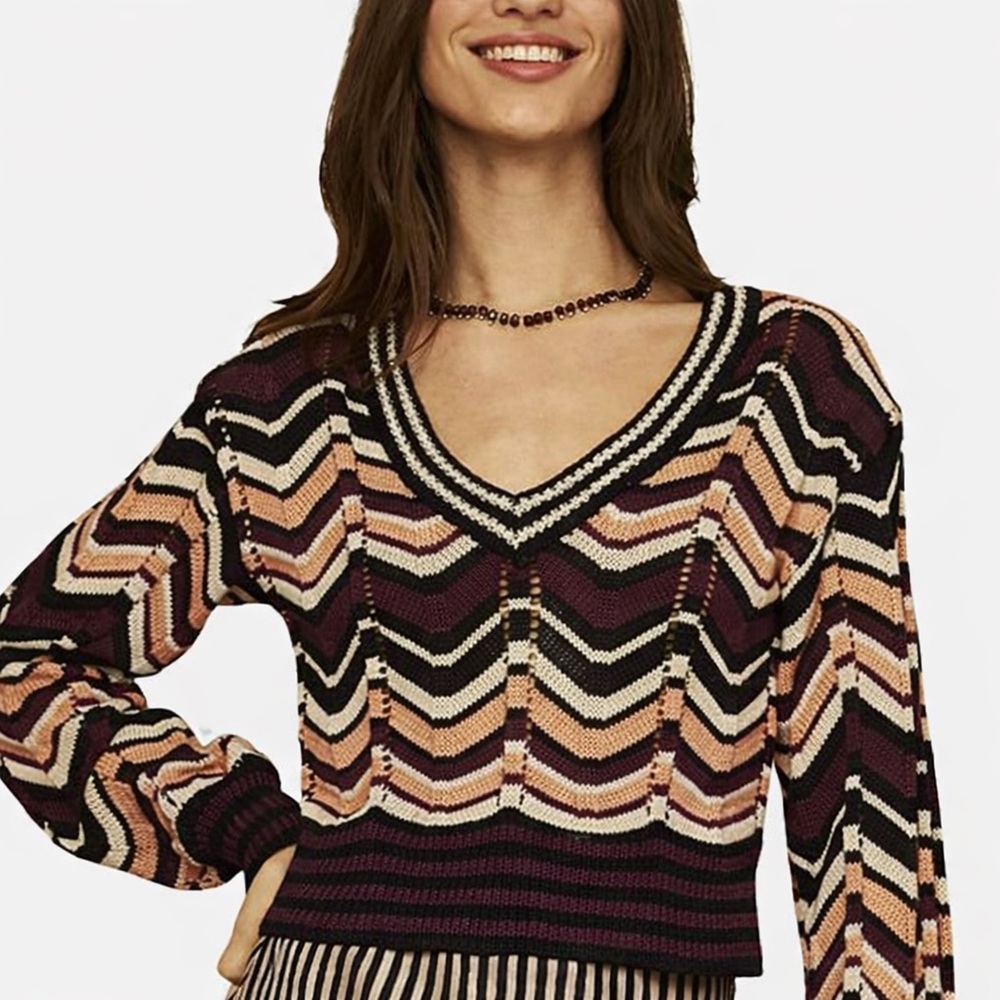 New NKN Nekane Salma Cropped Chevron Tricolor Statement Knit Sweater Sizes